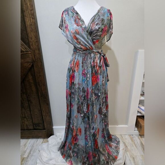 Eliza j metallic floral drape shoulder gown NWOT Size 2 Blue Multi-Color - Picture 3 of 6